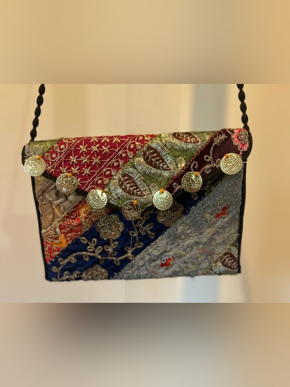 Embroidered Boho Purse with Metallic Coins - Red, Blue, Green